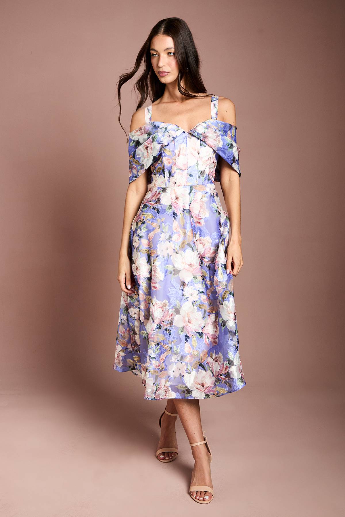 Coast Robe Midi Jacquard Bardot À Corsage