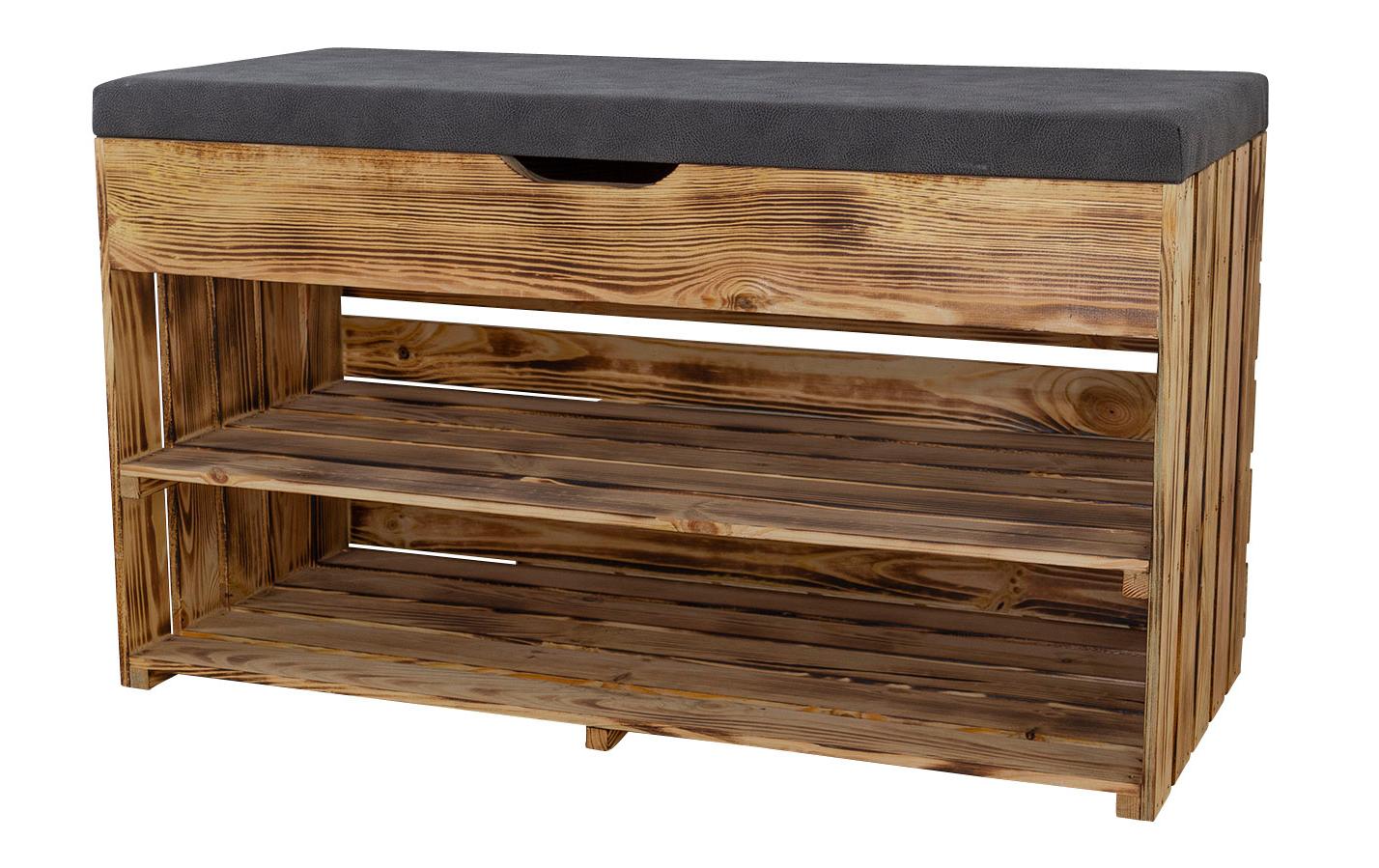 Sitzbank mit Ablage, Braun geflammt, 90 x 55 cm<br>Gepolsterte Sitzbank mit Schuhablage