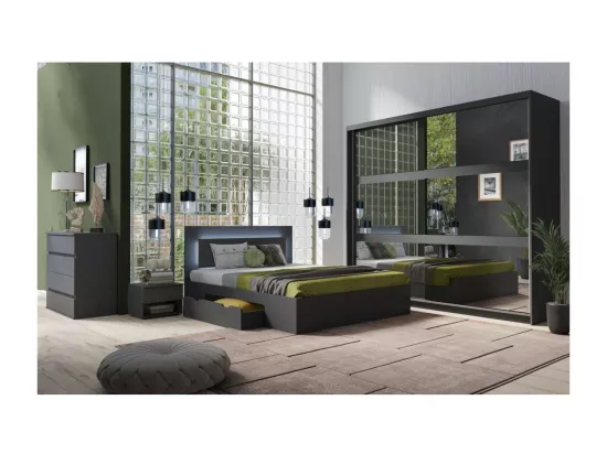 Ensemble chambre NOFI - Lit 140x200 cm avec sommier, 2 tiroirs, chevets, armoire et commode - gris graphite