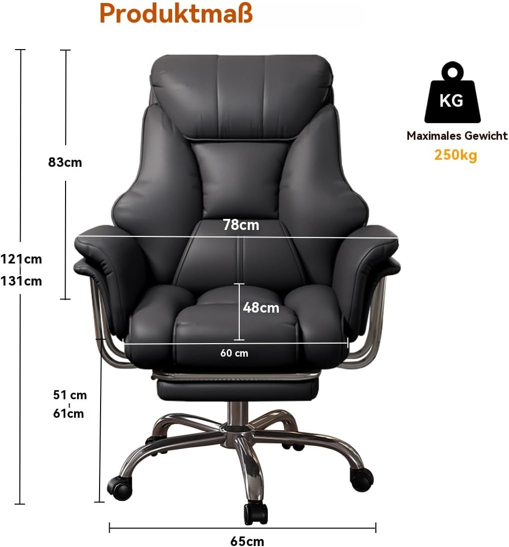 Großer und hoher Bürostuhl 250 kg Extrabreiter Leder-Chefsessel mit ausziehbarer Fußstütze Hochbelastbarer ergonomischer Stuhl Höhenverstellbarer Computerstuhl