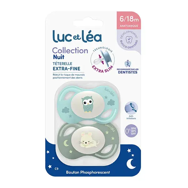 Coleção Luc et Léa 2 Chupetas Anatômicas Noturnas com Bico Extrafino 6-18 meses Ratinho Coruja
