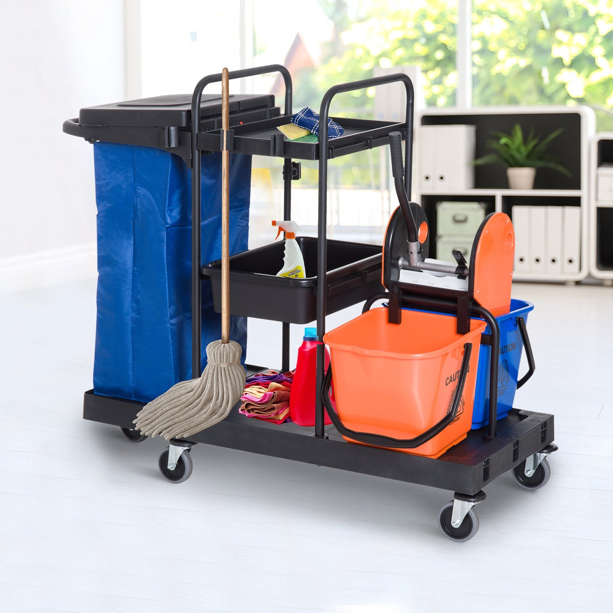 HOMCOM Schoonmaakwagen, 111 × 63,3 × 103 cm, PP, Zwart+Blauw