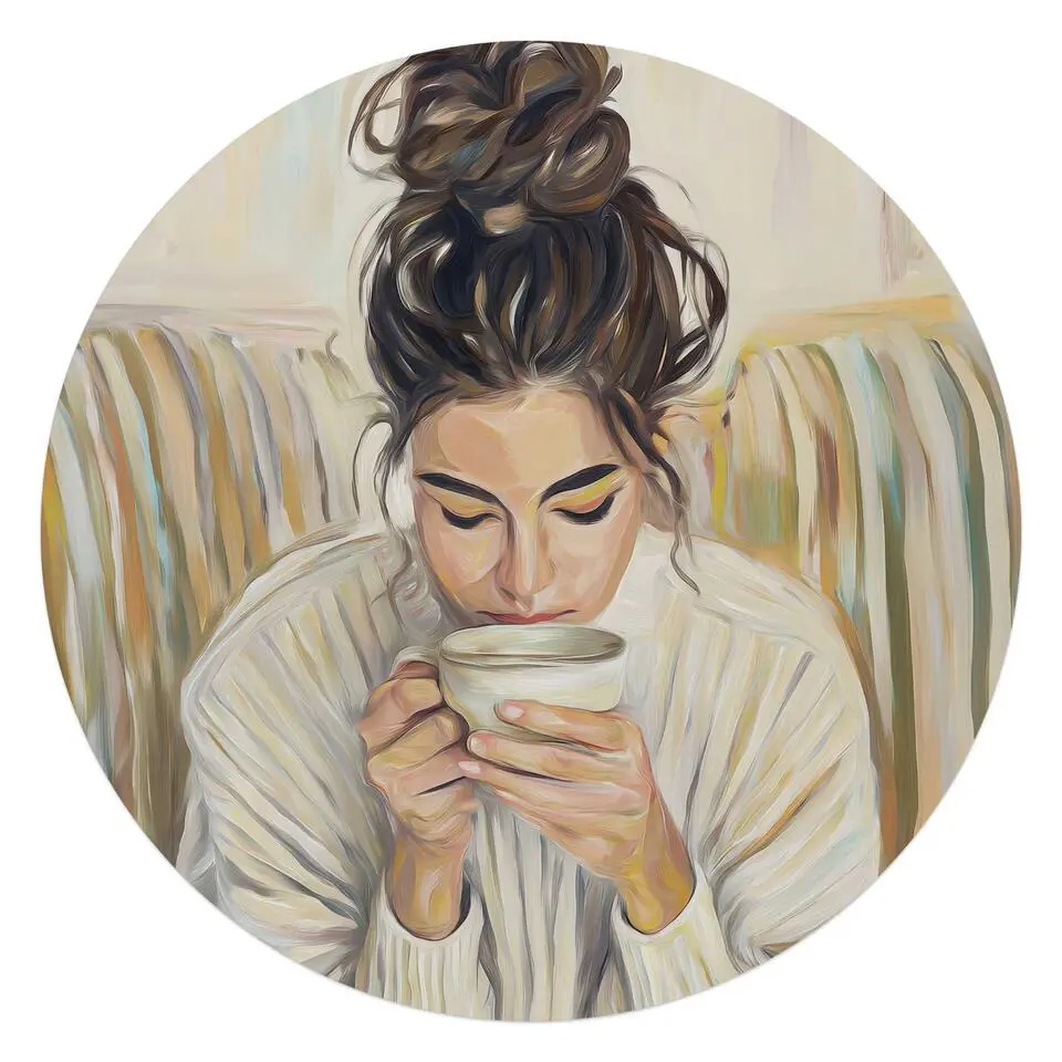 Glasschilderij Koffiepauze - Ø 70cm - Beige