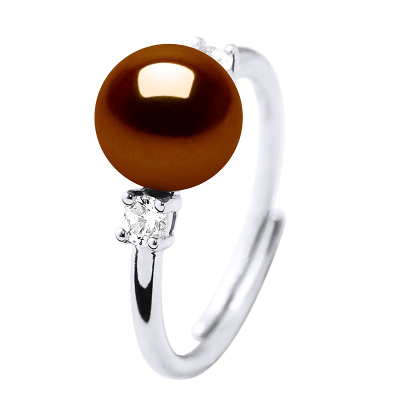 Bague Ajustable Perle d'Eau Douce 7-8 mm Chocolat et Oxydes de Zirconium Argent 925