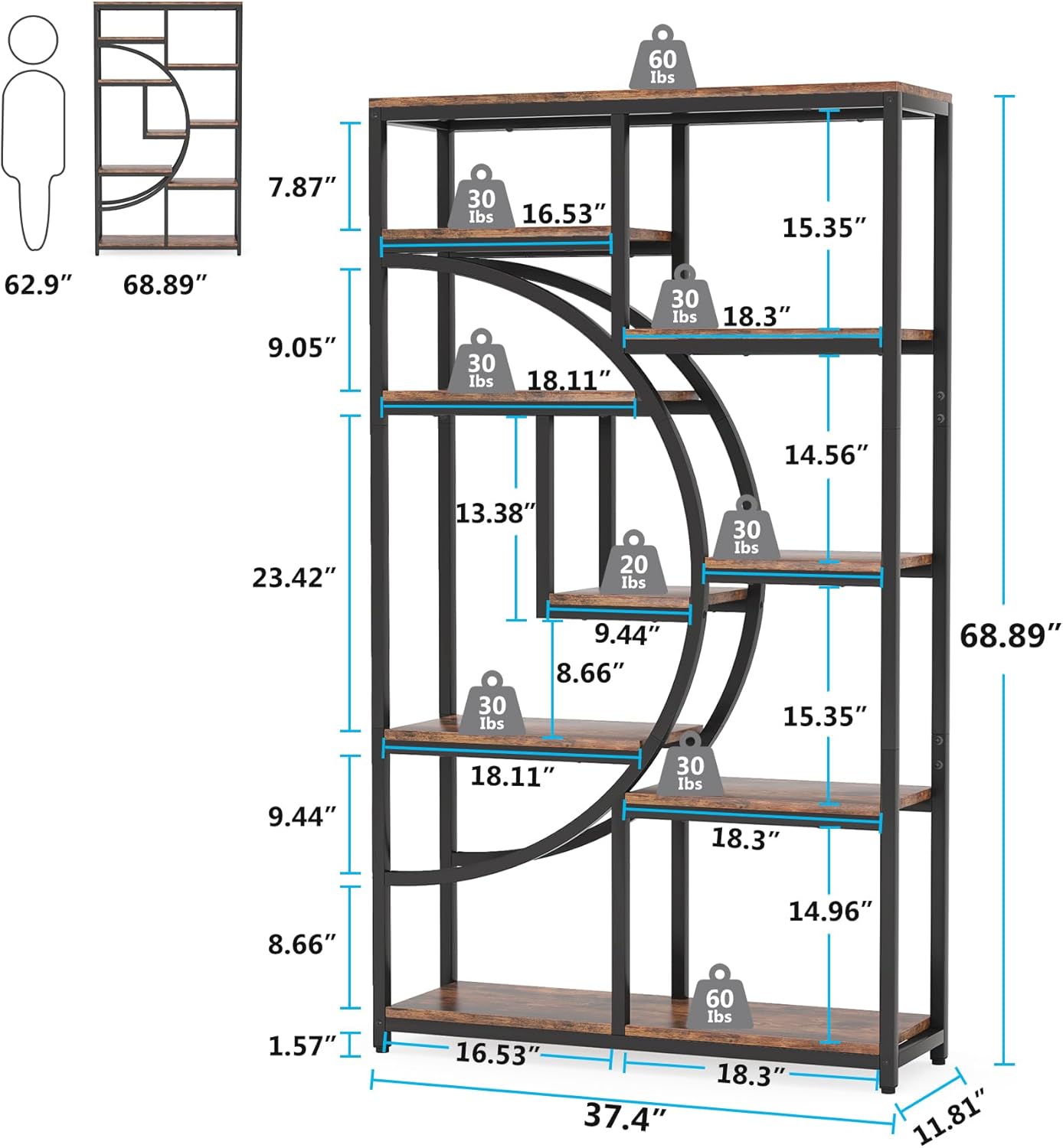Tribesigns Bücherregal, industrielles 5-stöckiges Etagere-Bücherregal, freistehend, hohe Bücherregale, Display-Regal, Aufbewahrungs-Organizer mit 9 offenen Ablageflächen für Wohnzimmer (2 Stück)