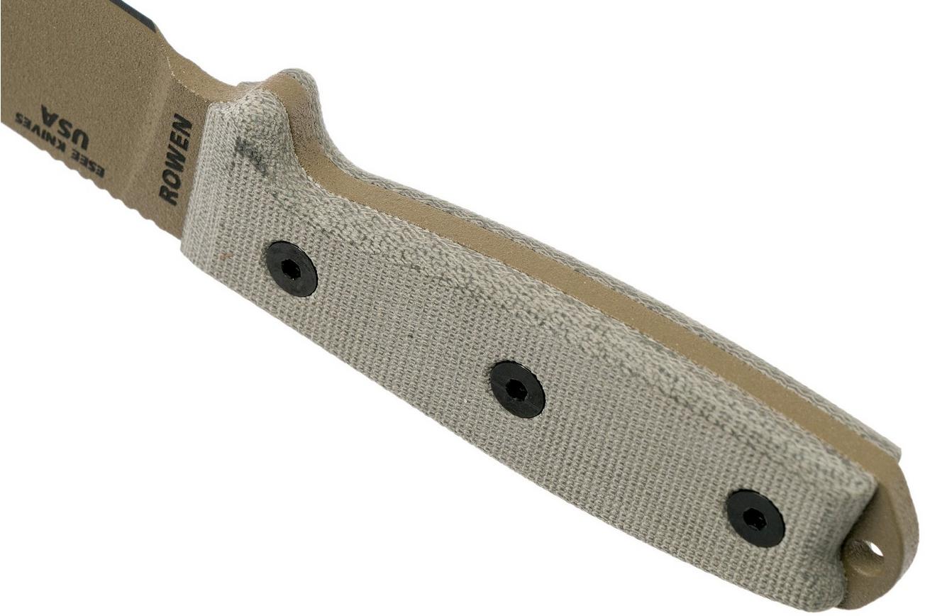 ESEE Model 4 dark earth blade, grey handle 4P-MB-DE met zwarte schede   clip en MOLLE-back