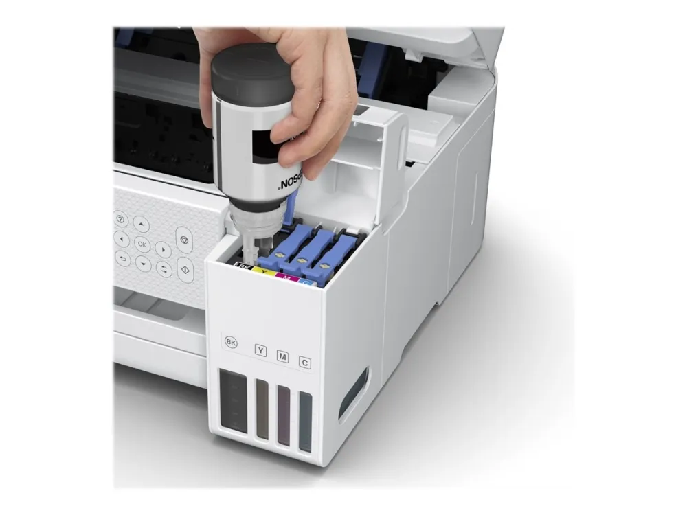 Epson EcoTank ET-2856 - Multifunktionsprinter - farve - blækprinter - kan genopfyldes - A4 (medie) - op til 10.5 spm (udskriver) - 100 ark - Wi-Fi, USB - hvid