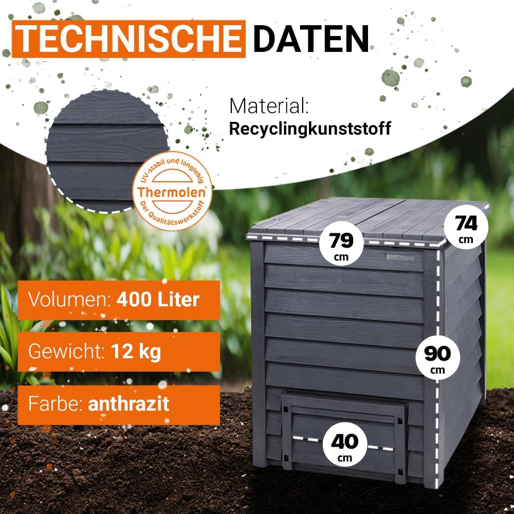 Garantia Thermo-Wood Komposter 400 Liter inkl. Bodengitter anthrazit-braun - Komposter Garten, Schnellkomposter, Abfall & Recycling, Biomüll, Komposteimer, Garten Zubehör, Thermokomposter, Garten