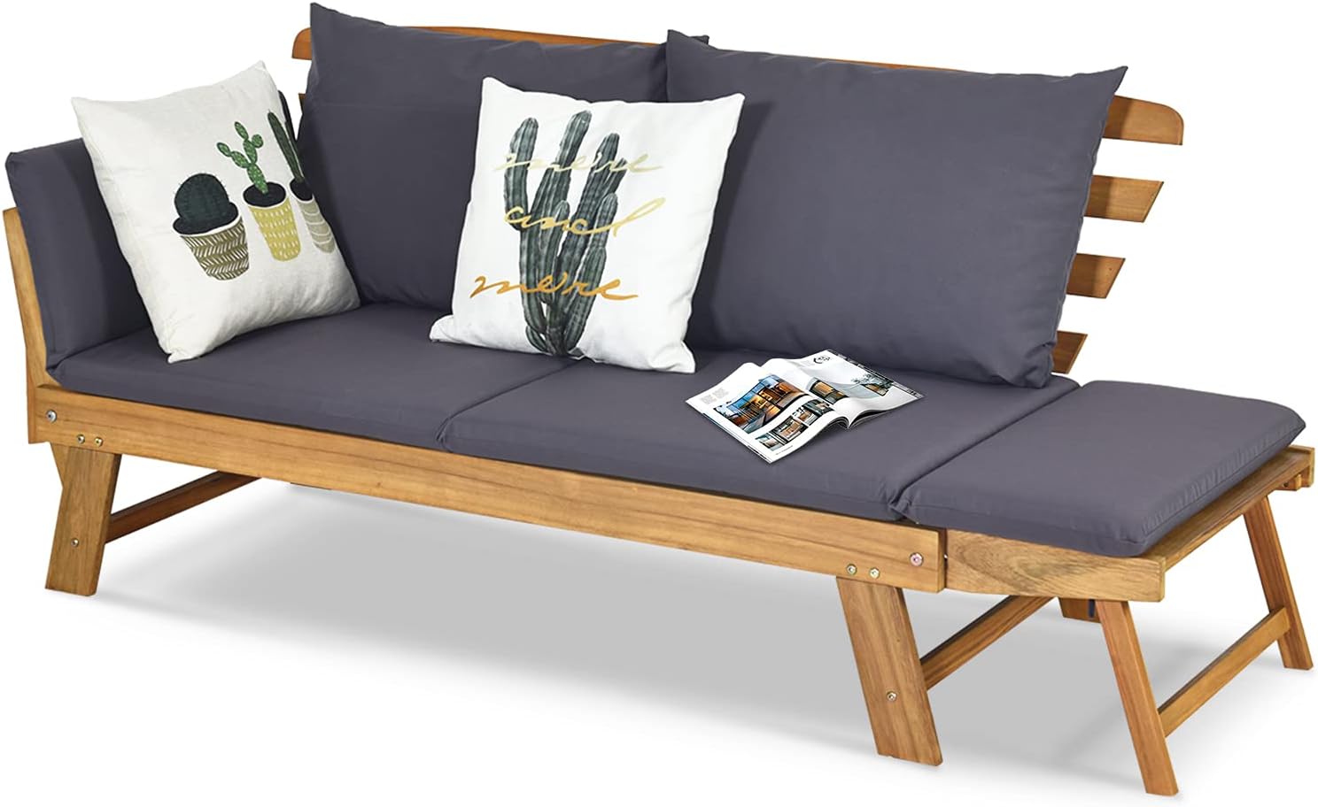 GOPLUS Gartenbank Holz, Gartensofa mit Liegefunktion, 2-3 Sitzer Holzbank mit klappbaren Seitenlehnen, inkl. Auflage, Balkonbank, Sitzbank Outdoor für Garten, Terrasse, Balkon, 157 x 75 x 75cm (Grau)