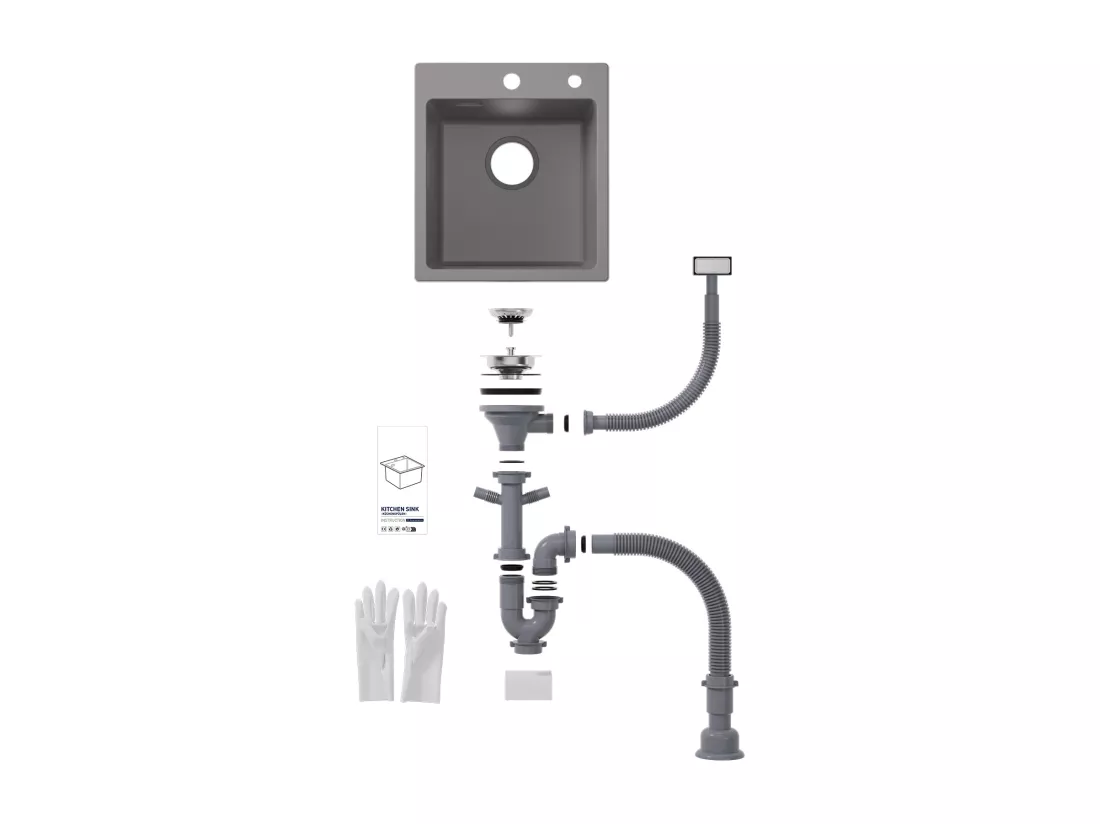 Cecipa max Evier de Cuisine Gris + 300ML Distributeur de Savon Brossé, Evier 1 Bac e en Quartz Evier à Encastrer Evier de Cuisine 1 cuve 40x45cm