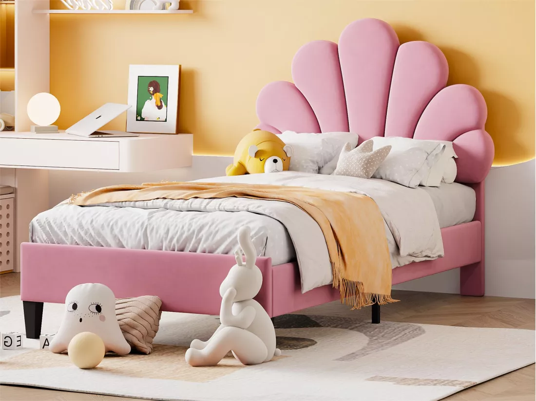 Lit coquillage avec tête de lit 90 x 200 cm en velours, sommier à lattes inclus, rose