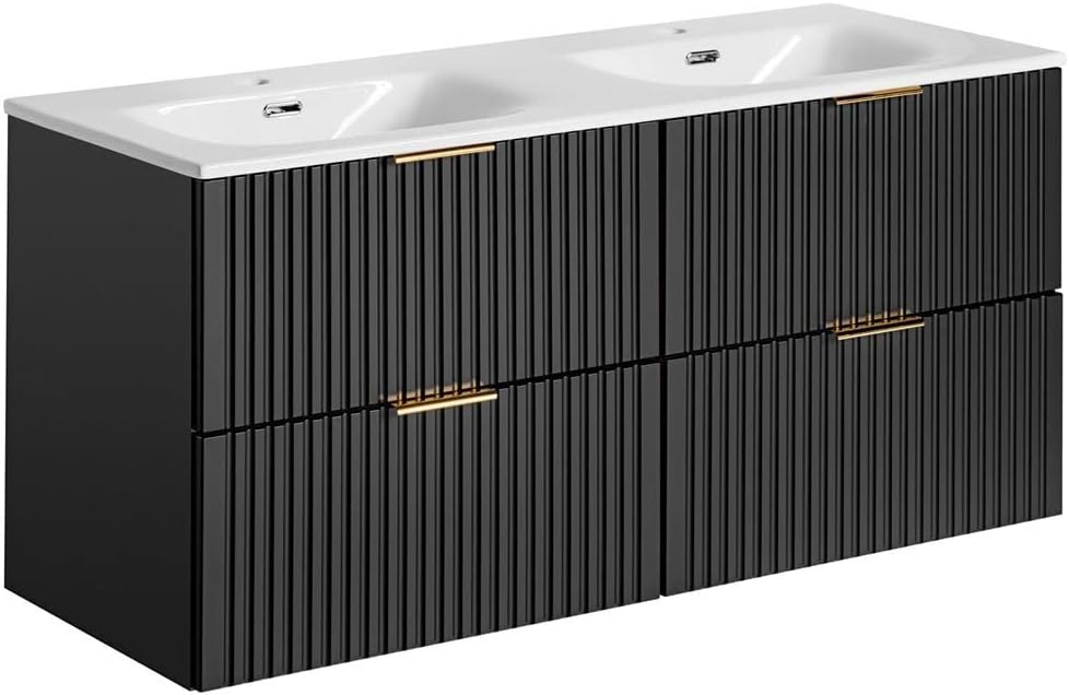 Lomadox Badezimmermöbel Badmöbel Komplett Set, matt schwarz Rillenoptik, 120cm Waschtisch mit Unterschrank, Keramik Waschbecken, LED-Spiegel, 2 Hochschränke, B/H/T 170/200/46 cm