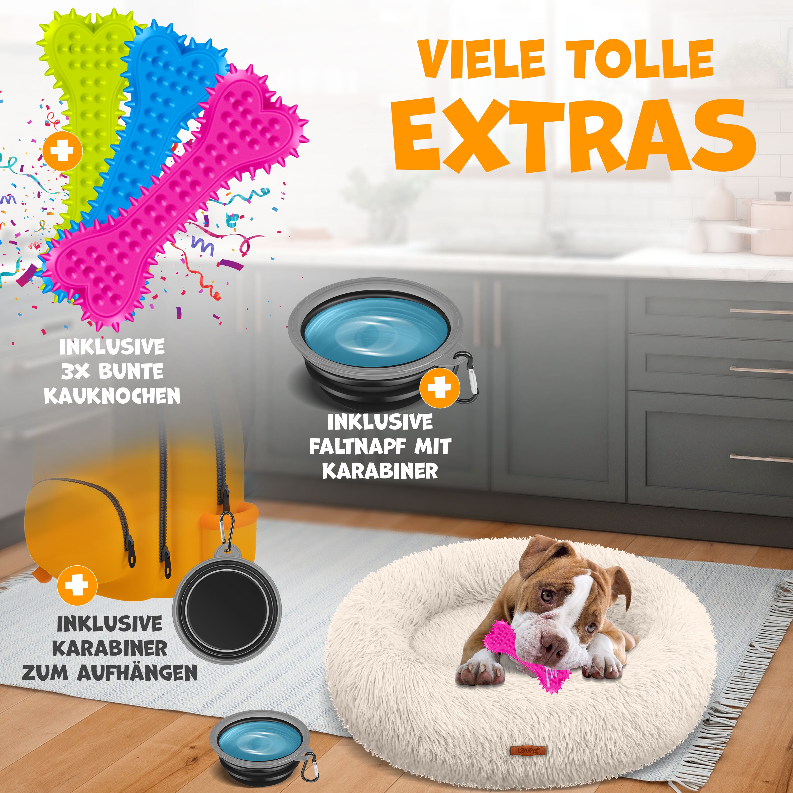 LOVPET® Hundebett Hundekissen Katzenbett Bagel, Waschbar, Inkl. Napf + 3x Kauknochen, Hundesofa flauschig Kissen Rund aus Plüsch für Kleine, Mittelgroße & Große Hunde, Katzen
