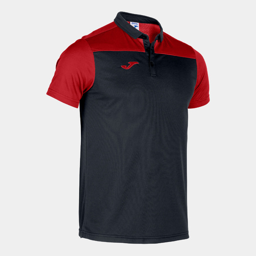 Camisa polo de manga curta Joma Hobby II, preta e vermelha.