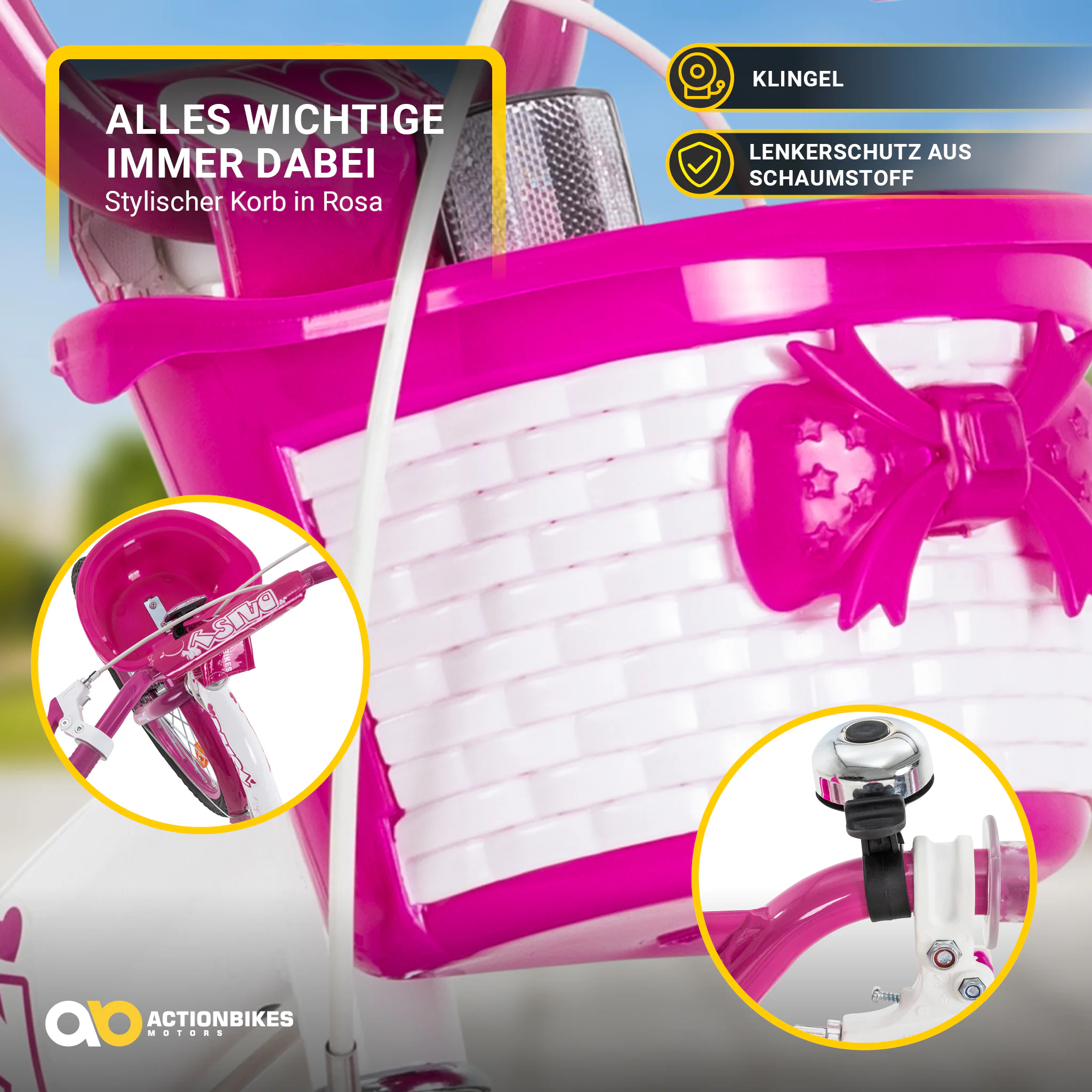 Actionbikes Kinderfahrrad Daisy 20 Zoll, pink, V-Brake-Bremsen, Antirutschgriffe, Kettenschutz, Korb (East)