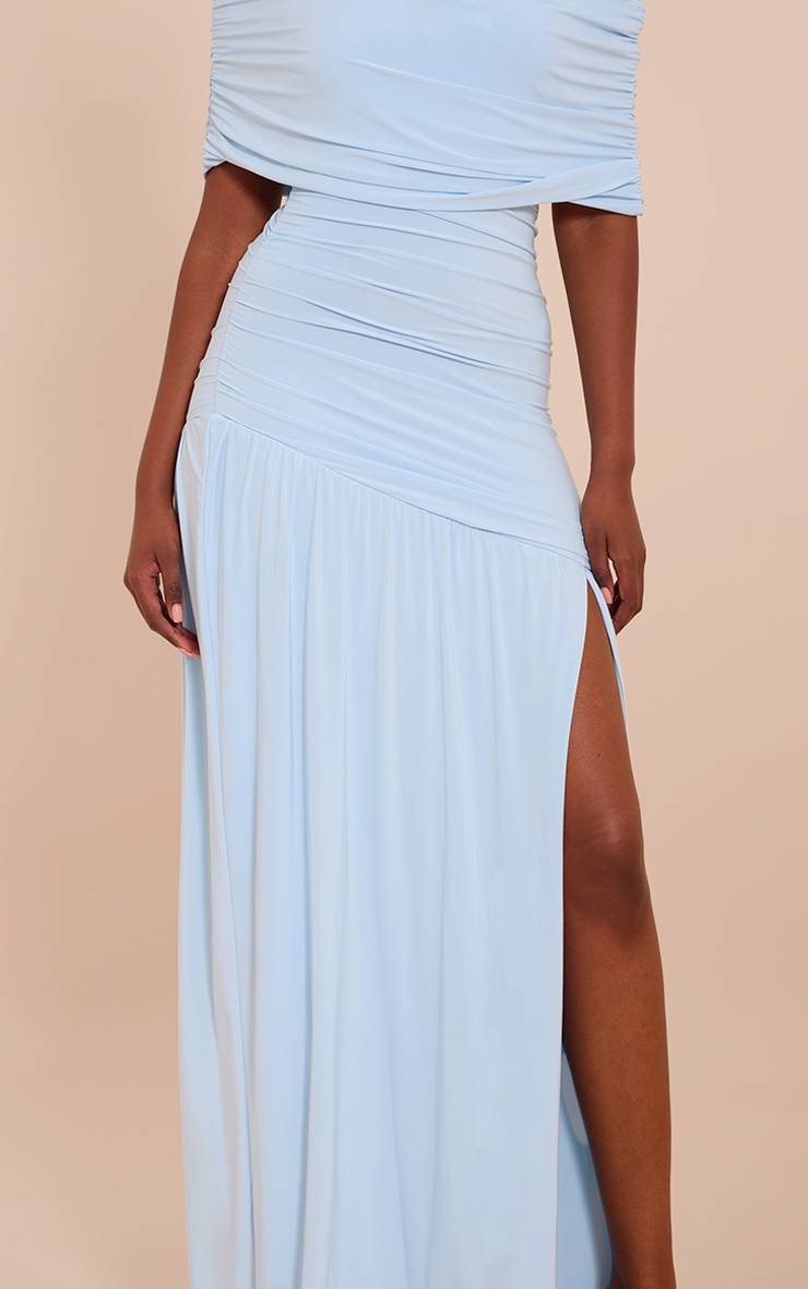 Bleu Robe Longue Froncée À Double Couche Slinky Bardot Asymétrique