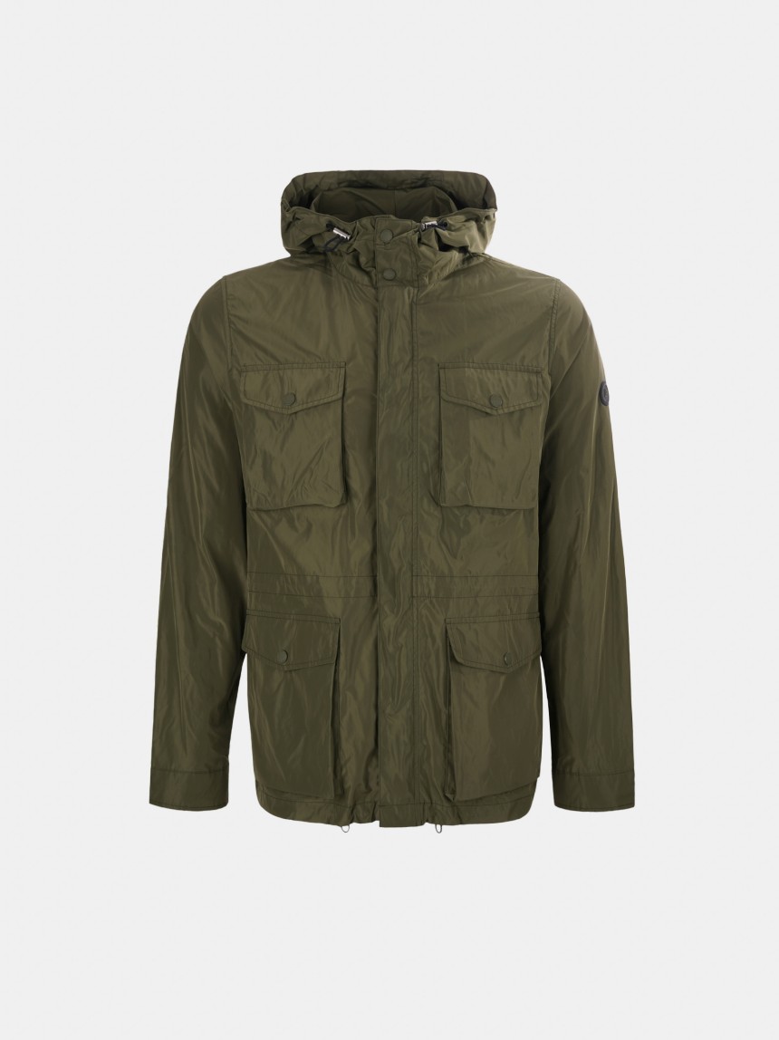 Parka em tecido técnico com capuz e bolsos