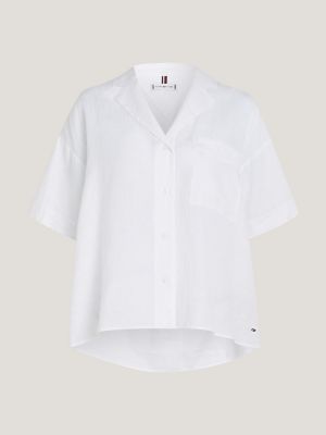 Camisa de linho de manga curta e modelagem relaxada