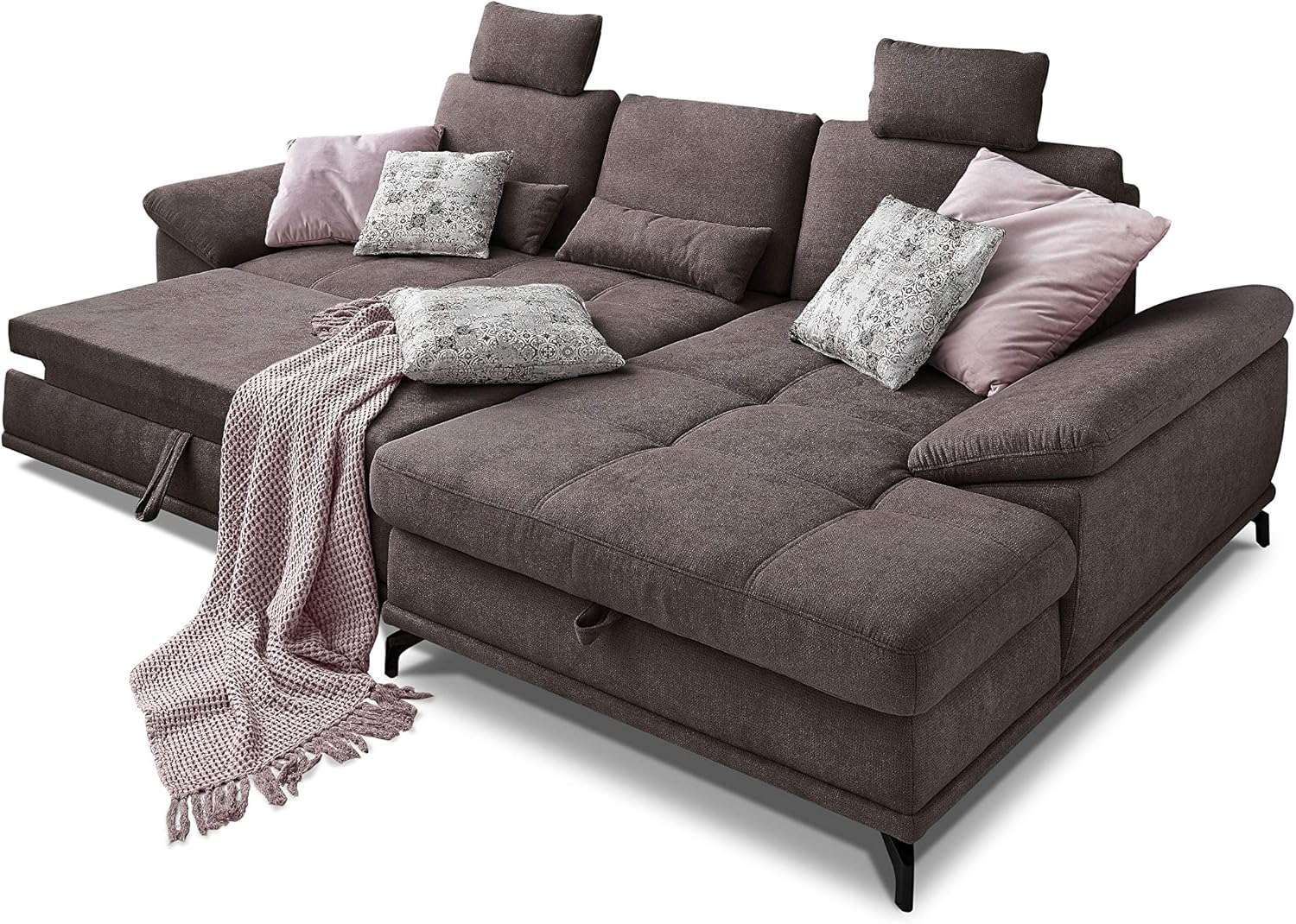 Cavadore Schlafsofa Castiel mit Federkern / Großes Bettsofa in L-Form mit Bettkasten, Sitztiefenverstellung, Kopfstützen und XL-Longchair / 312 x 114 x 173 / Webstoff, Dunkelbraun