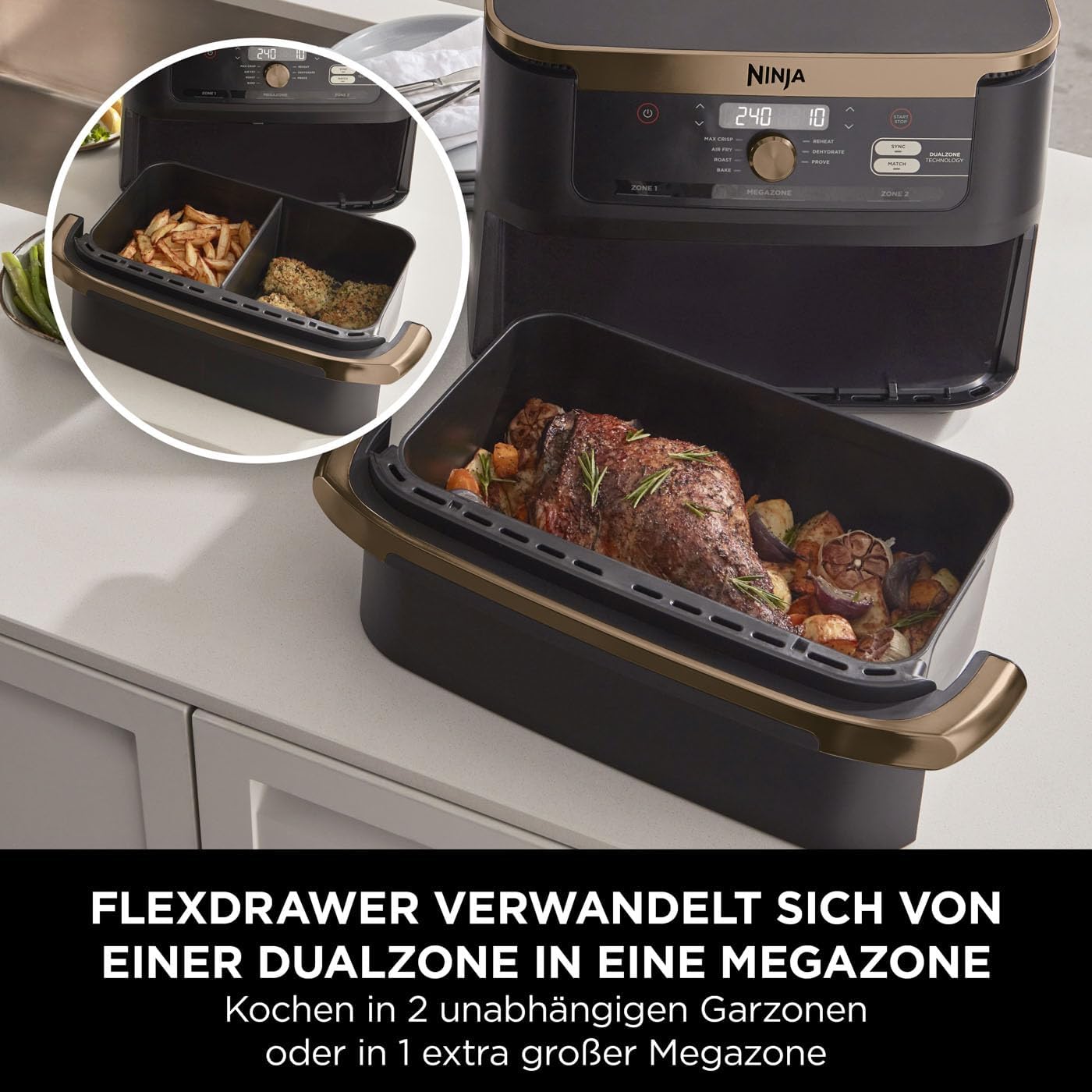 Ninja Foodi FlexDrawer Dual Zone Heißluftfritteuse, Air fryer mit 10,4-Fach und herausnehmbarem Trenner, Antihaftbeschichtung, spülmaschinenfester Korb, 7-in-1, Schwarz & Kupfer, AF500EUCP