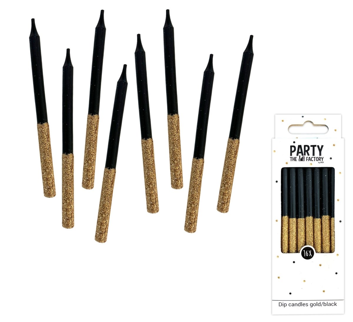 Kaarsjes Glitter Dip Zwart Goud 8cm 16st