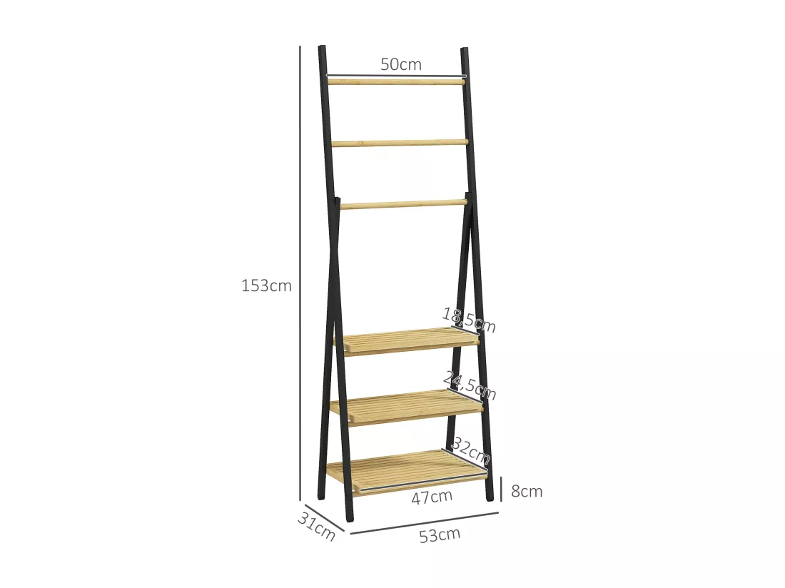 Porte-serviettes pliable 3 barres de suspension et 3 étagères en bambou pour salle de bains, structure métal noir