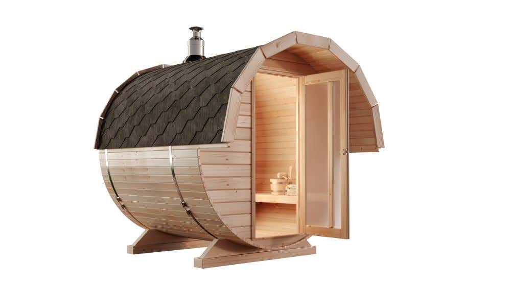 FinnTherm Samantha Barrel Sauna met 2 houten banken, wanddikte 42 mm, buitensauna met montagemateriaal, natuurlijke afwerking