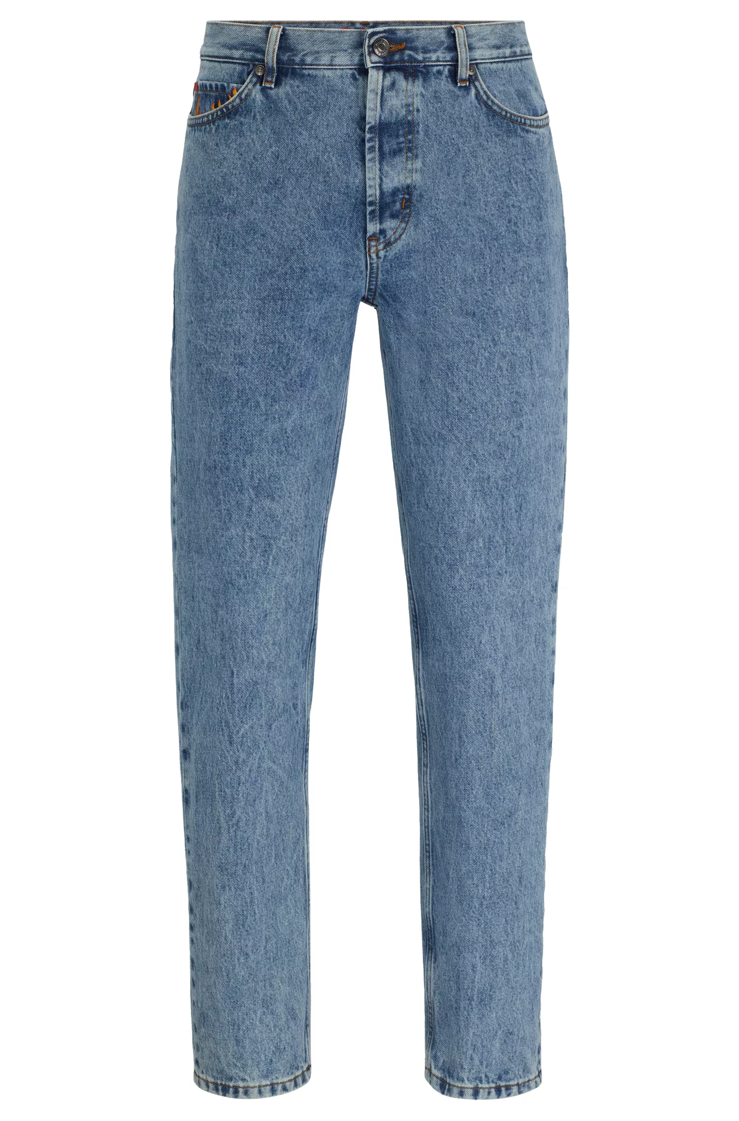 Calça jeans HUGO vermelha, corte afunilado, em denim rígido azul.