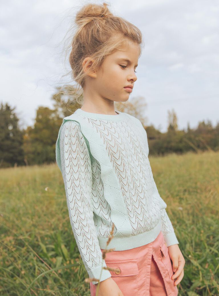 Pull bleu vert à volants