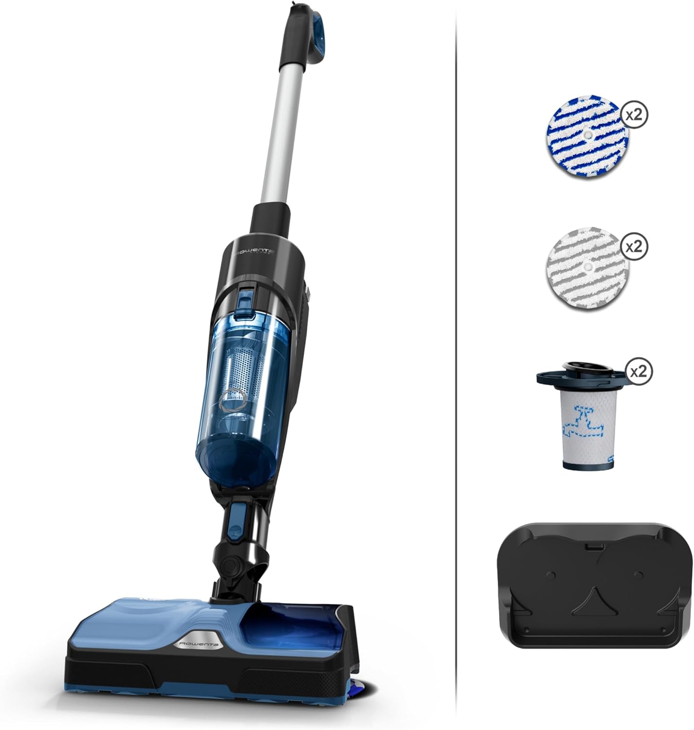 Rowenta X-Combo 2-in-1 Hybrid-Reiniger, Saugen und rotierendes Wischen gleichzeitig, 60 min. Autonomie, Ultra-leichtes Design, 3 Programme, einfacher freihändiger Moppwechsel, Blau-Schwarz, GZ3038