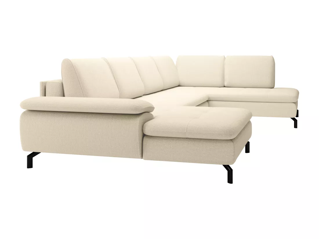 Grand canapé d'angle gauche panoramique convertible en tissu texturé beige ARCHIBALD