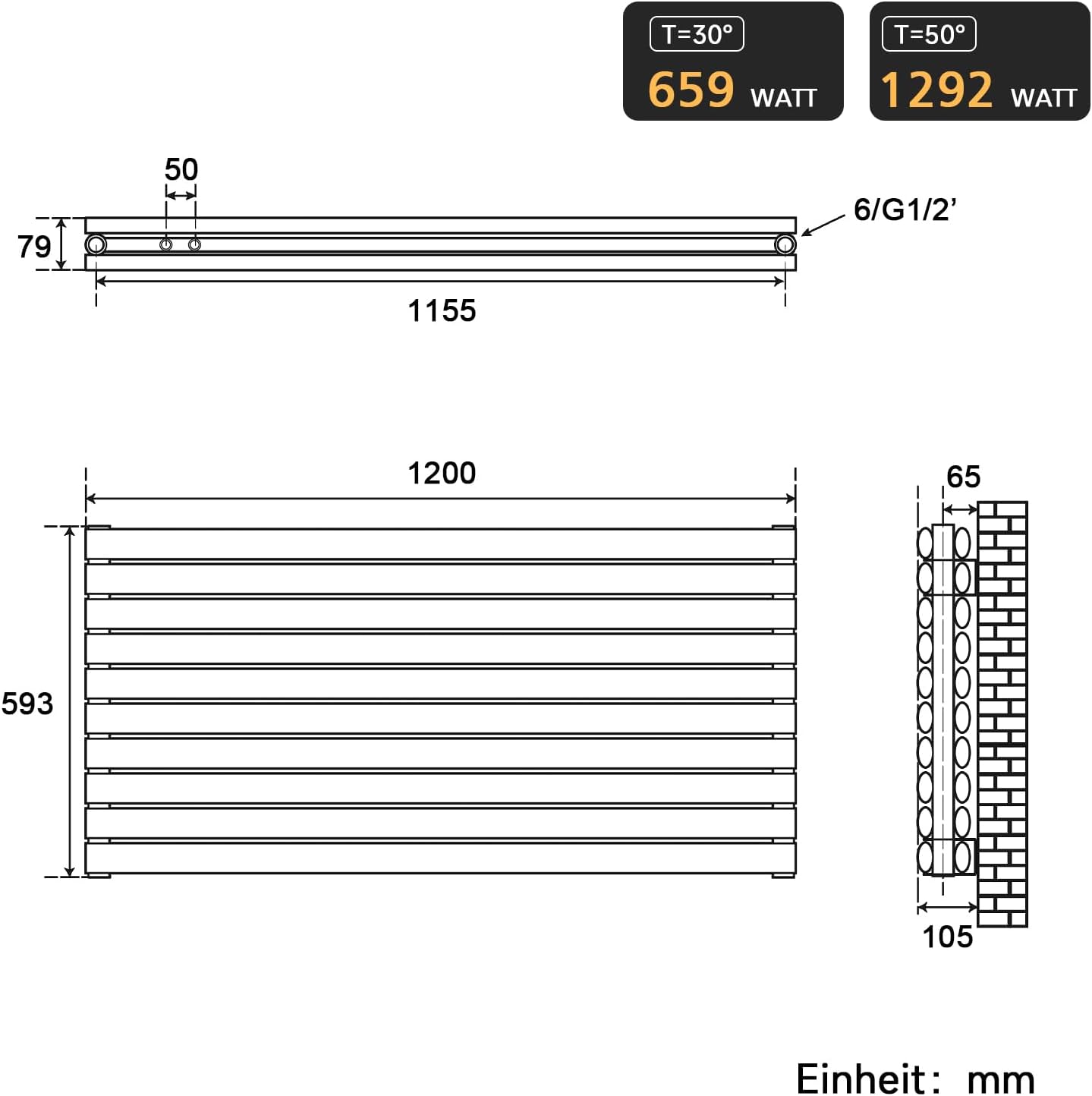SONNI Design Heizkörper 593x1200mm Weiß Doppellagig Horizontal Paneelheizkörper Seitenanschluss Badheizkörper