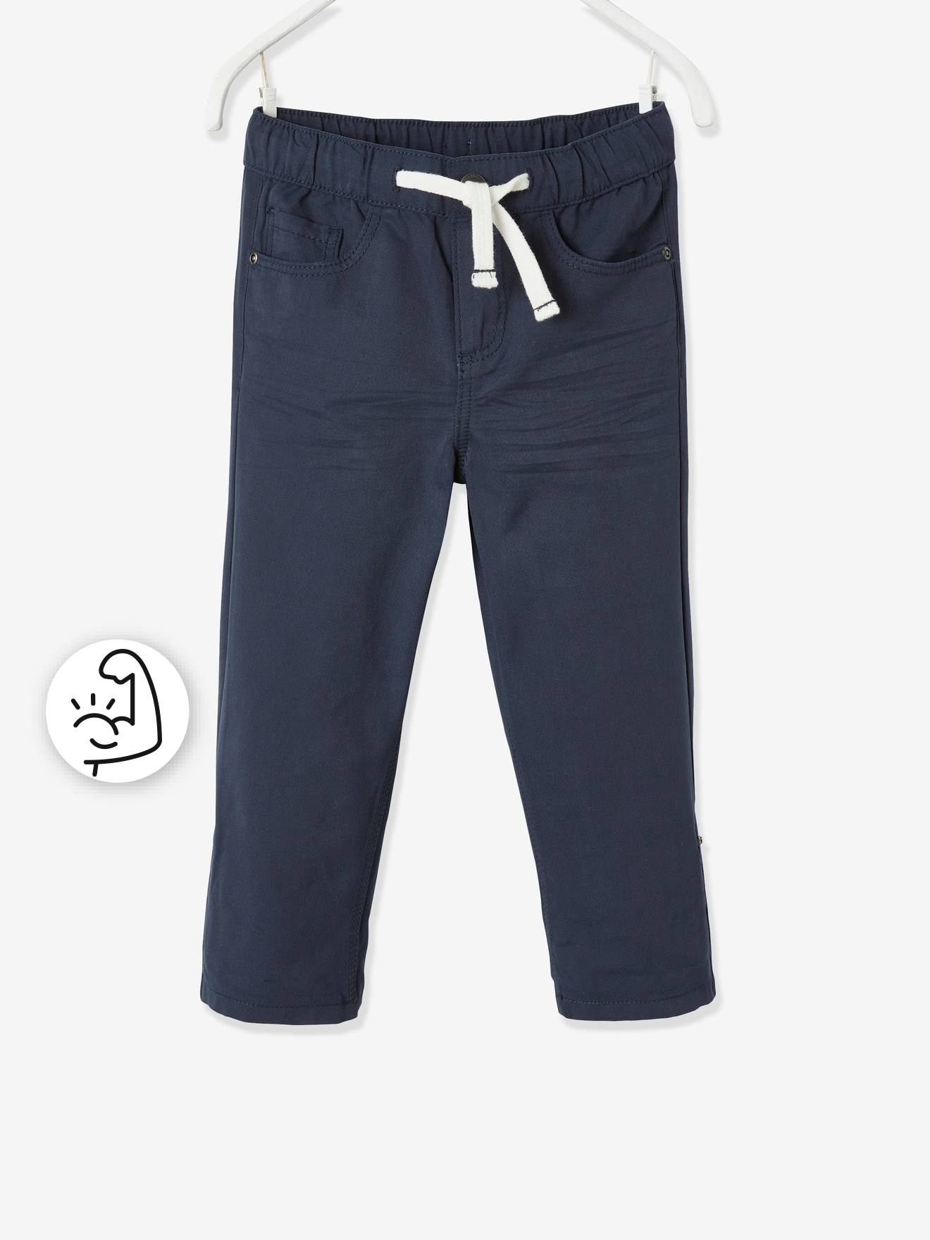 Calças indestrutíveis que se transformam em calças capri, para meninos, azul médio liso com estampas.