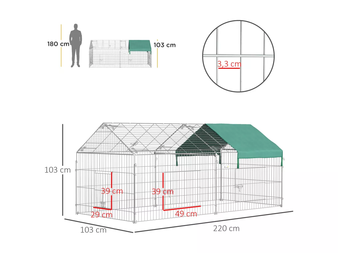 PawHut Parc enclos métal époxy cage extérieure dim. 2,20L x 1,03l x 1,03H m 3 portes et trappe surface abrité PE vert