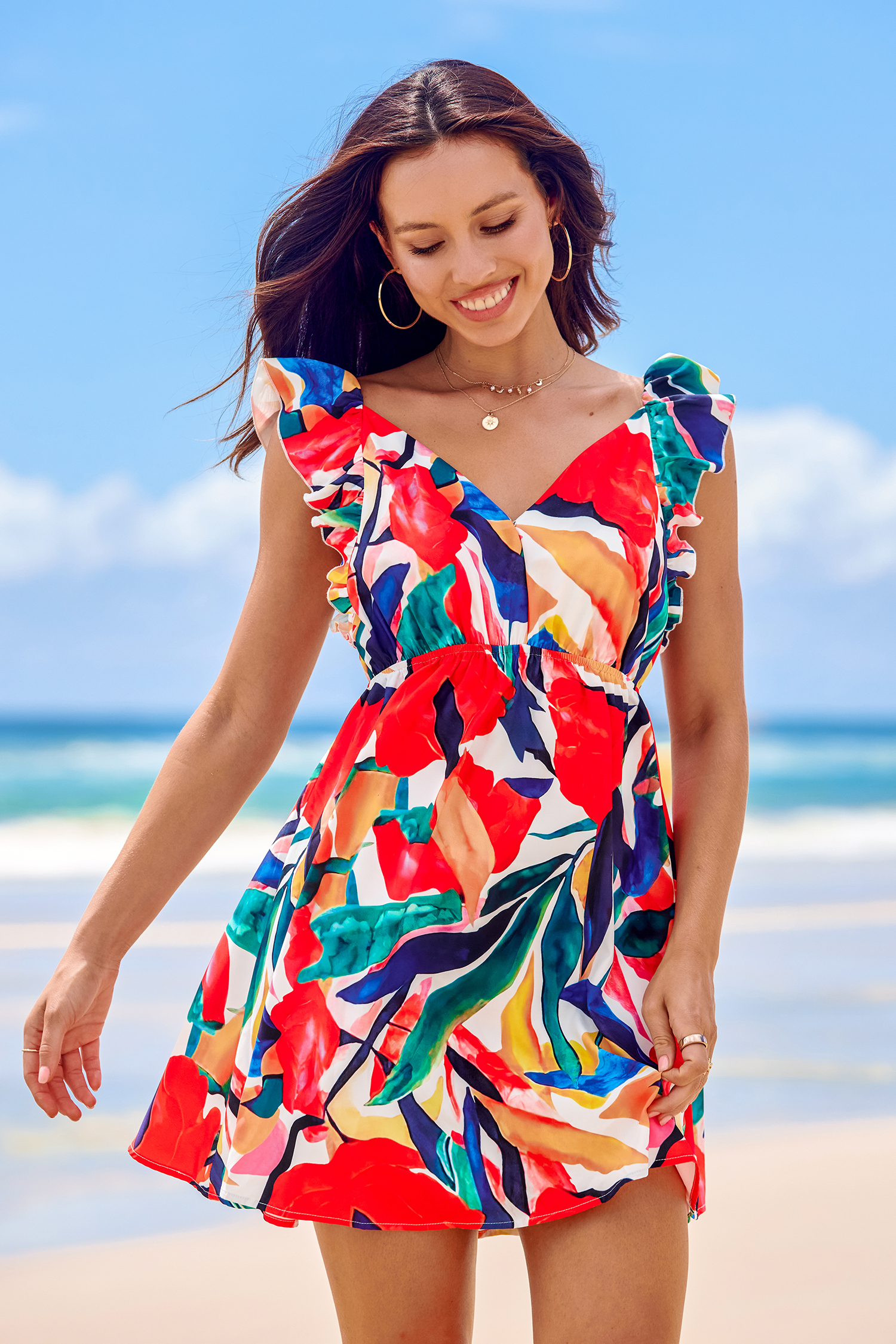 Robe mini avec col en V à volants et fleurs multicolore