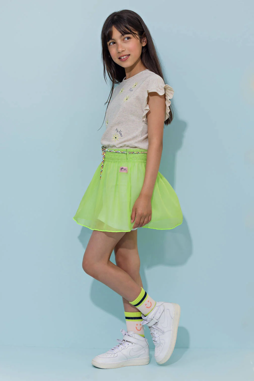 NONO jurk Marne limegroen/wit