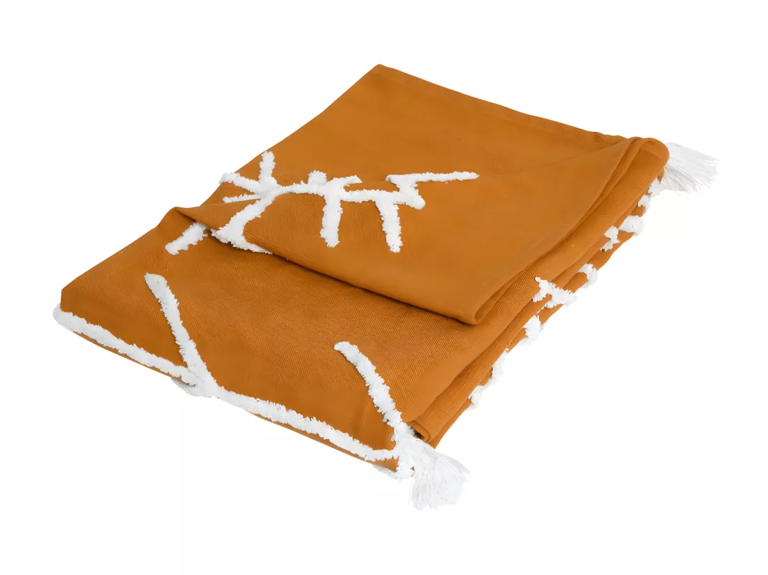 Jeté de lit en Coton Jaune Moutarde motifs Blanc tuftés avec Pompons 130 x 180 cm