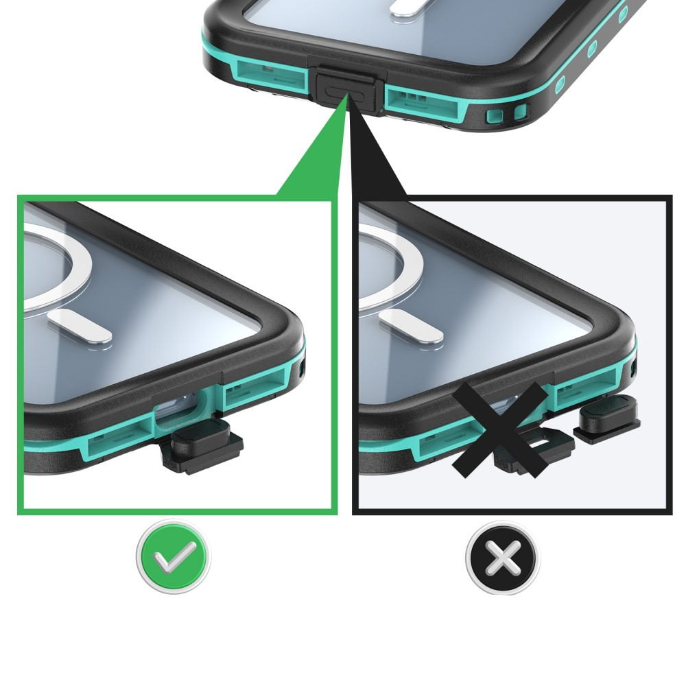 iPhone 15 Wasserfeste MagSafe Alu Outdoor Schutz Hülle (IP68) - Türkis / Transparent