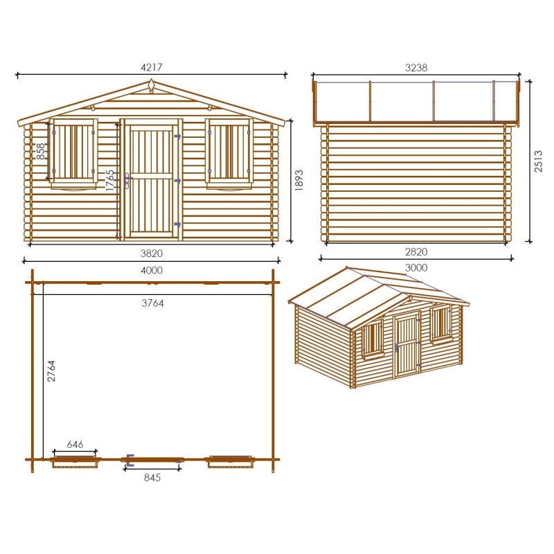 Abri de jardin en bois - 4x3 m - 20 m2 + terrasse avec balustrade et avant-toit en bois