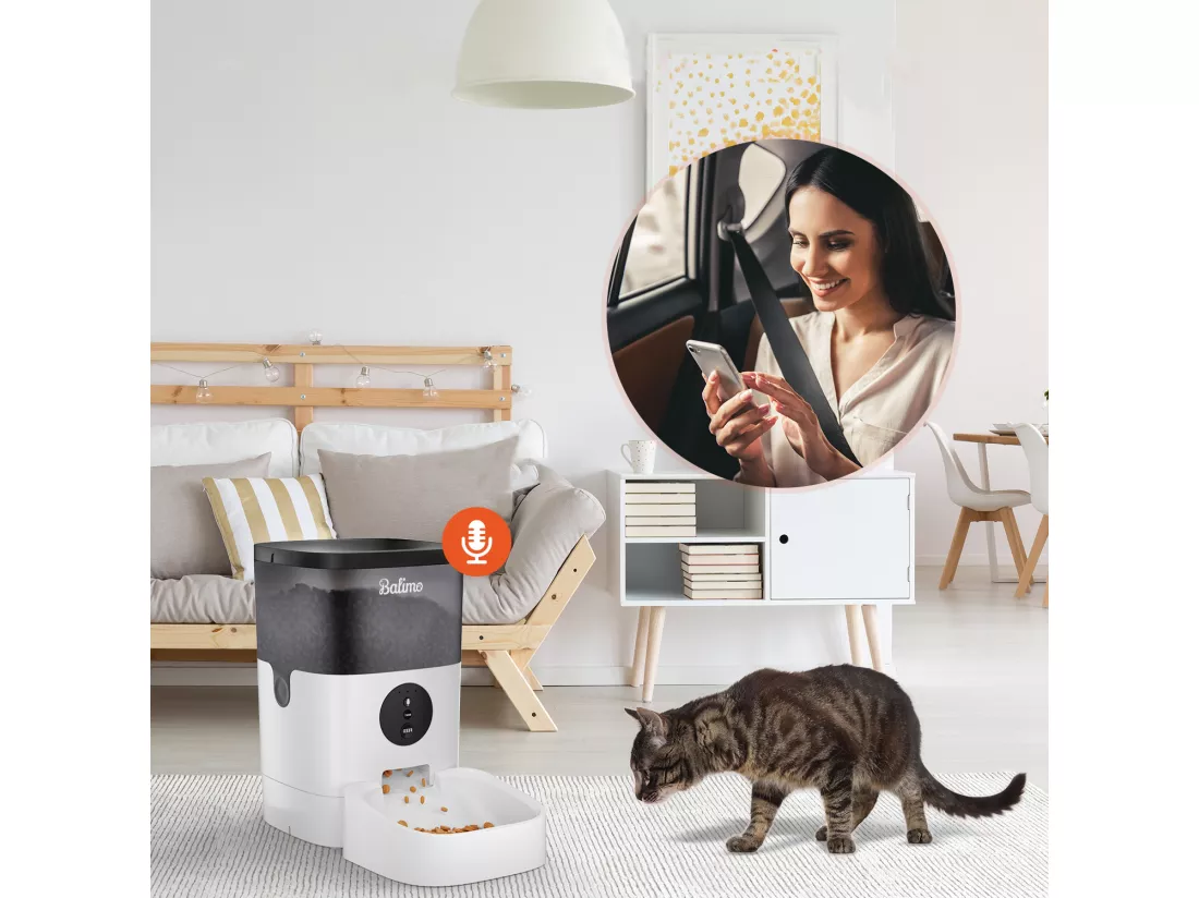 WIFI Distributeur de Croquettes Balimo 4L pour Chats/Chiens Télécommande Téléphone Portable LCD,Adaptateur Secteu /Batterie,Fonction d'Enregistrement