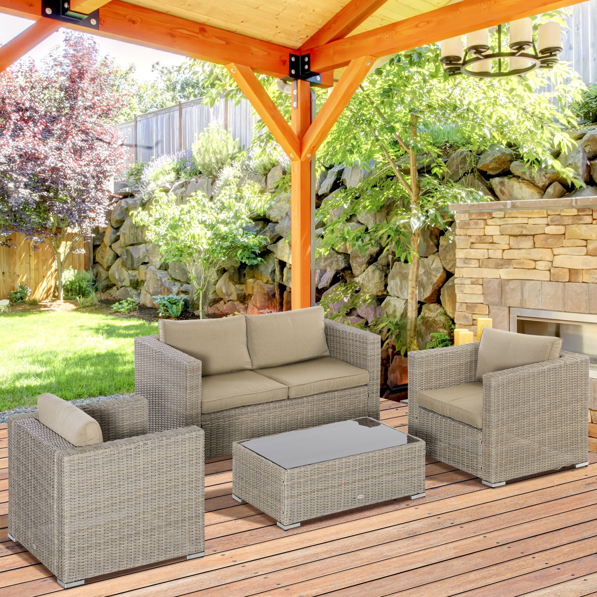 Outsunny Gartenmöbel Set mit Couchtisch bunt 150L x 75B x 65H cm