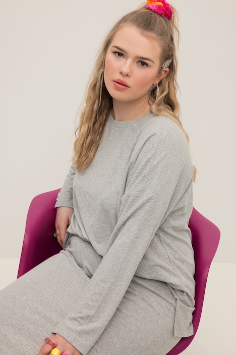 Pullover, oversized, Rippstrick, Rundhals, Langarm