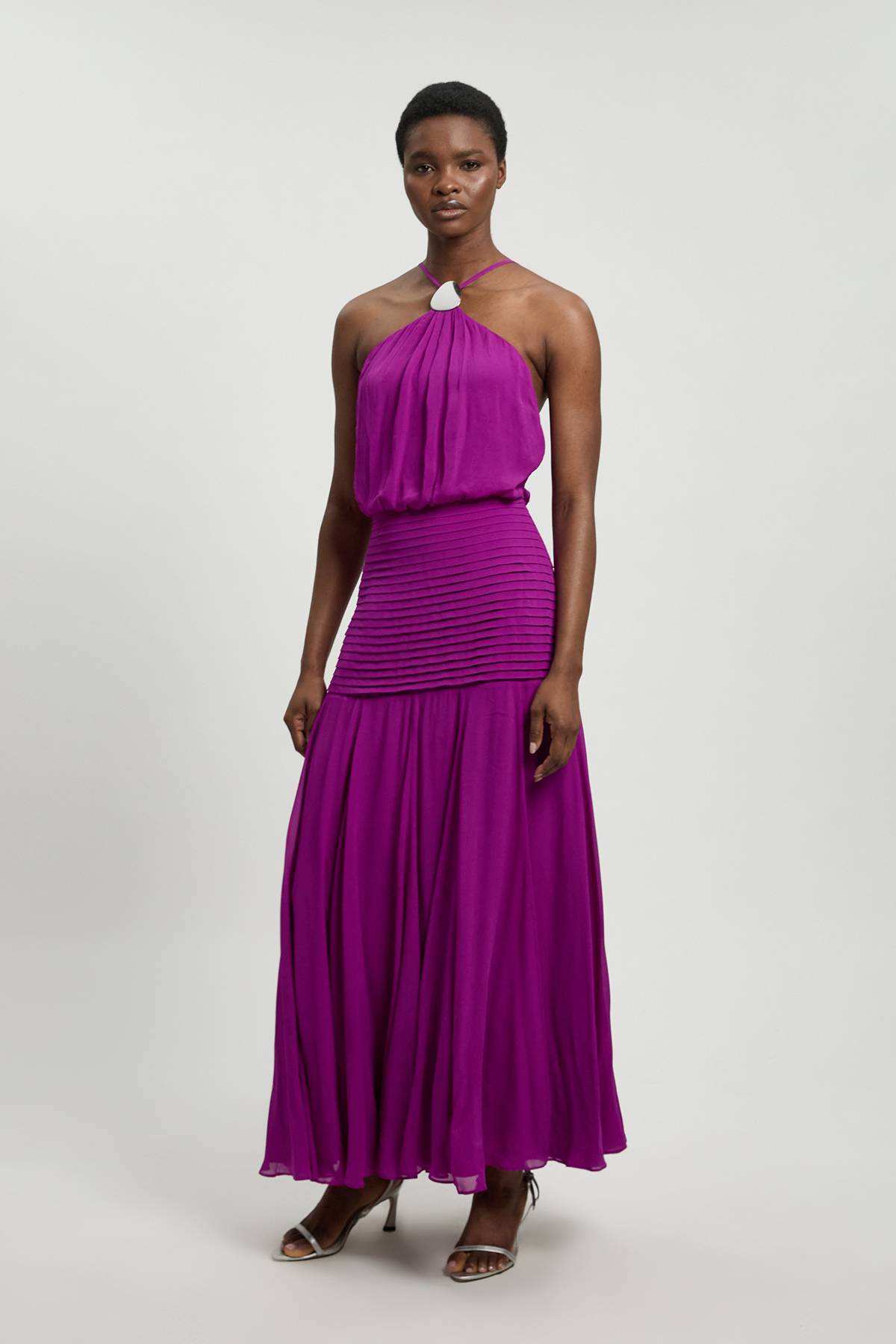 KarenMillen Robe Maxi Tissée En Georgette De Viscose Petite Avec Col Licou Et Ourlet Tombant
