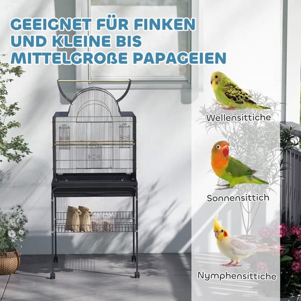 Fuglebur stort undulatbur med brett, oppbevaringsplass, fôringsstasjon, fuglehus med hjul for kanarifugler, stål 63 x 53 x 144 cm svart