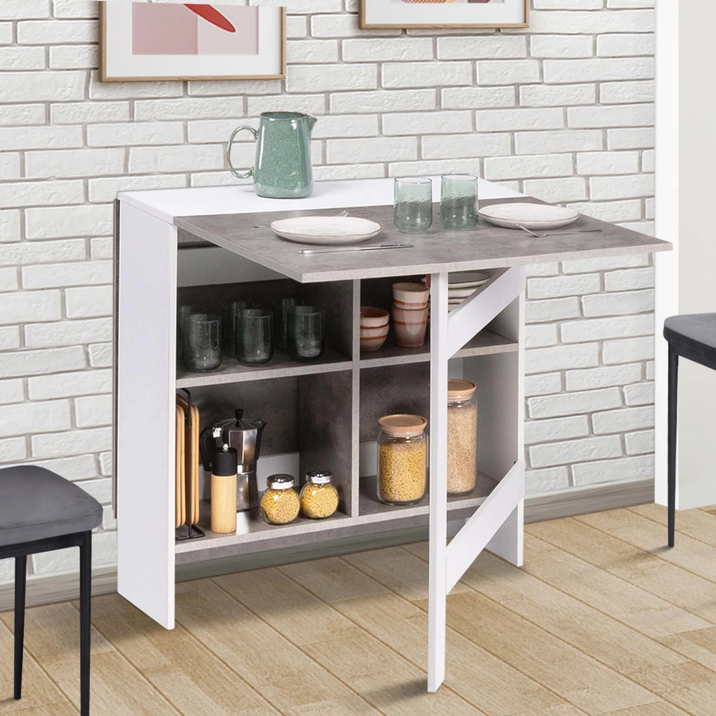 Table console pliable EDI 2-6 personnes avec rangement blanc plateau effet béton 150 x 80 cm