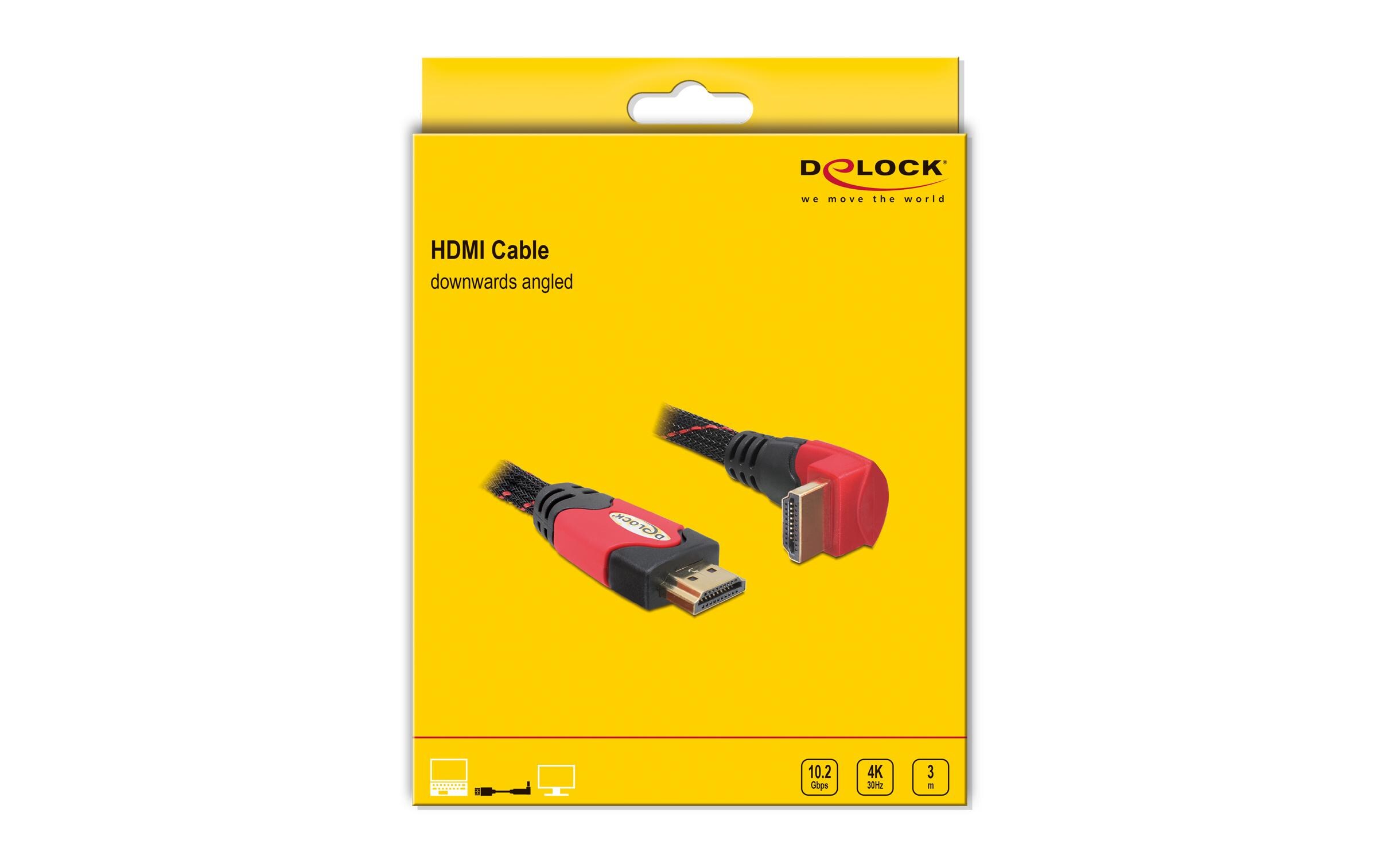 Kabel gewinkelt unten HDMI - HDMI, 3 m, RotDelock Kabel High Speed HDMI mit Ethernet – HDMI A Stecker > HDMI A Stecker gewinkelt 4K 3 m