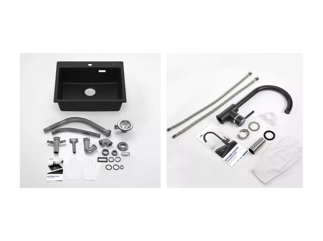 1 Bac Évier Cuisine en Granit,55*45*20cm,Kit de Vidage,Noir+Robinet Cuisine Rotatif 360°Eau Froide Chaude Noir avec points blancs