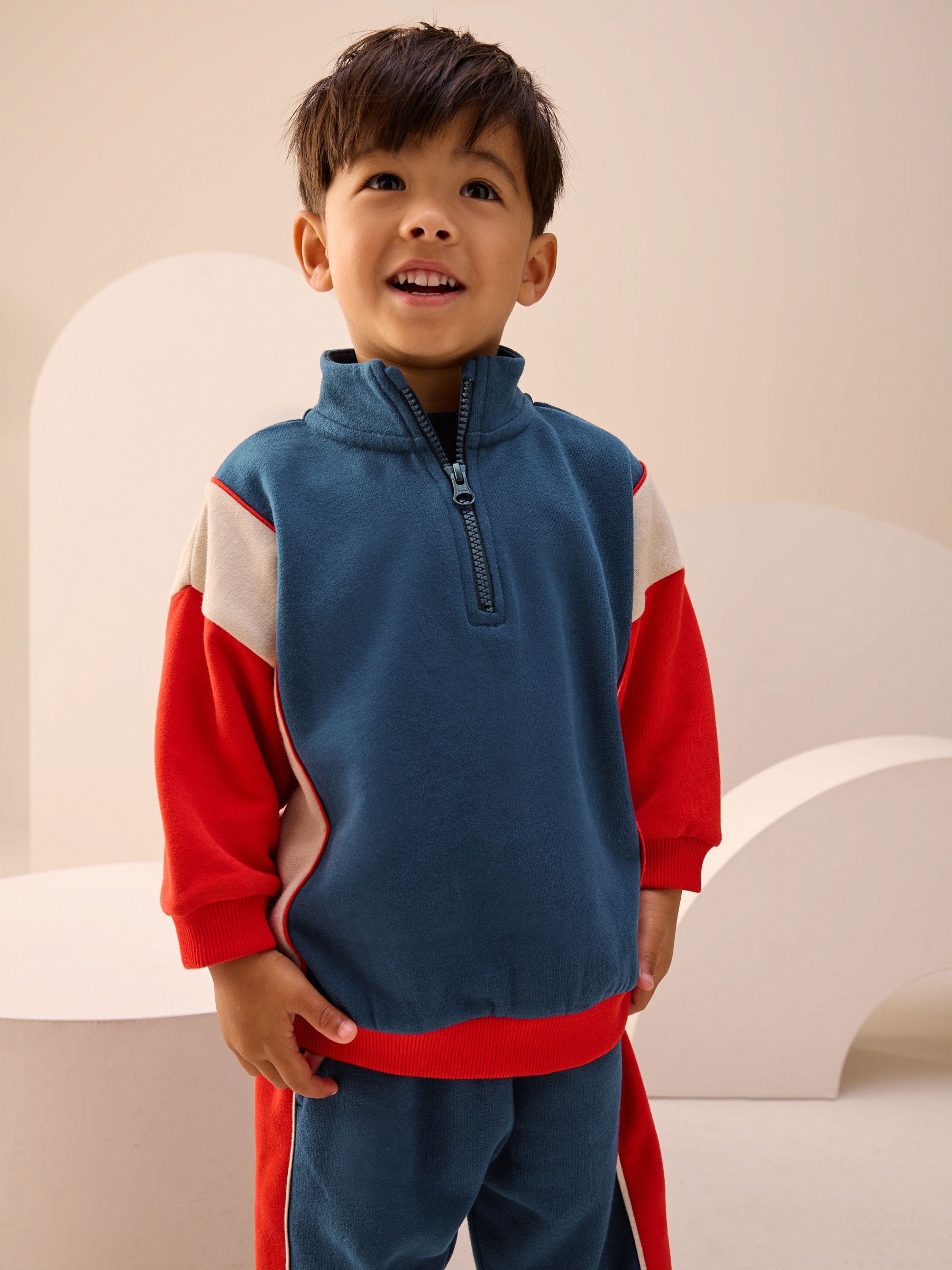 Rood/marineblauw - Set van top met halve rits en joggingbroek (3mnd-7jr)