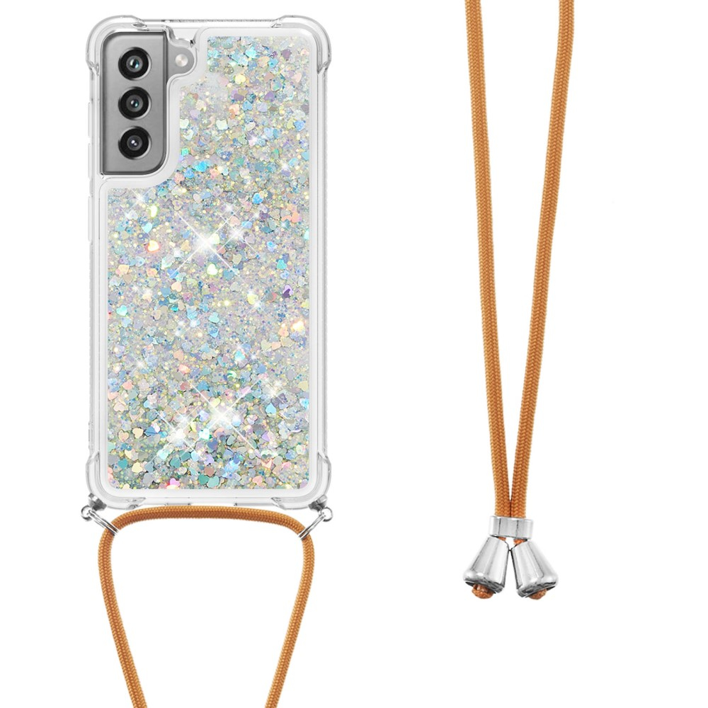 Samsung Galaxy S21 FE 5G Necklace Gummi Hülle Liquid Glitzer   Handykette (130cm) - Braun / Silber