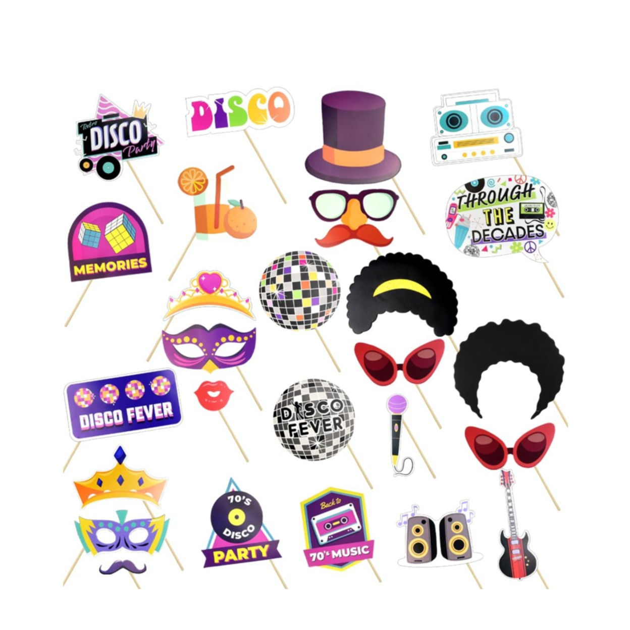 (25er Set) Photo Booth Fotorequisiten Party Foto Accessoires Dekorationen für lustige Bilder - 70er Jahre Party
